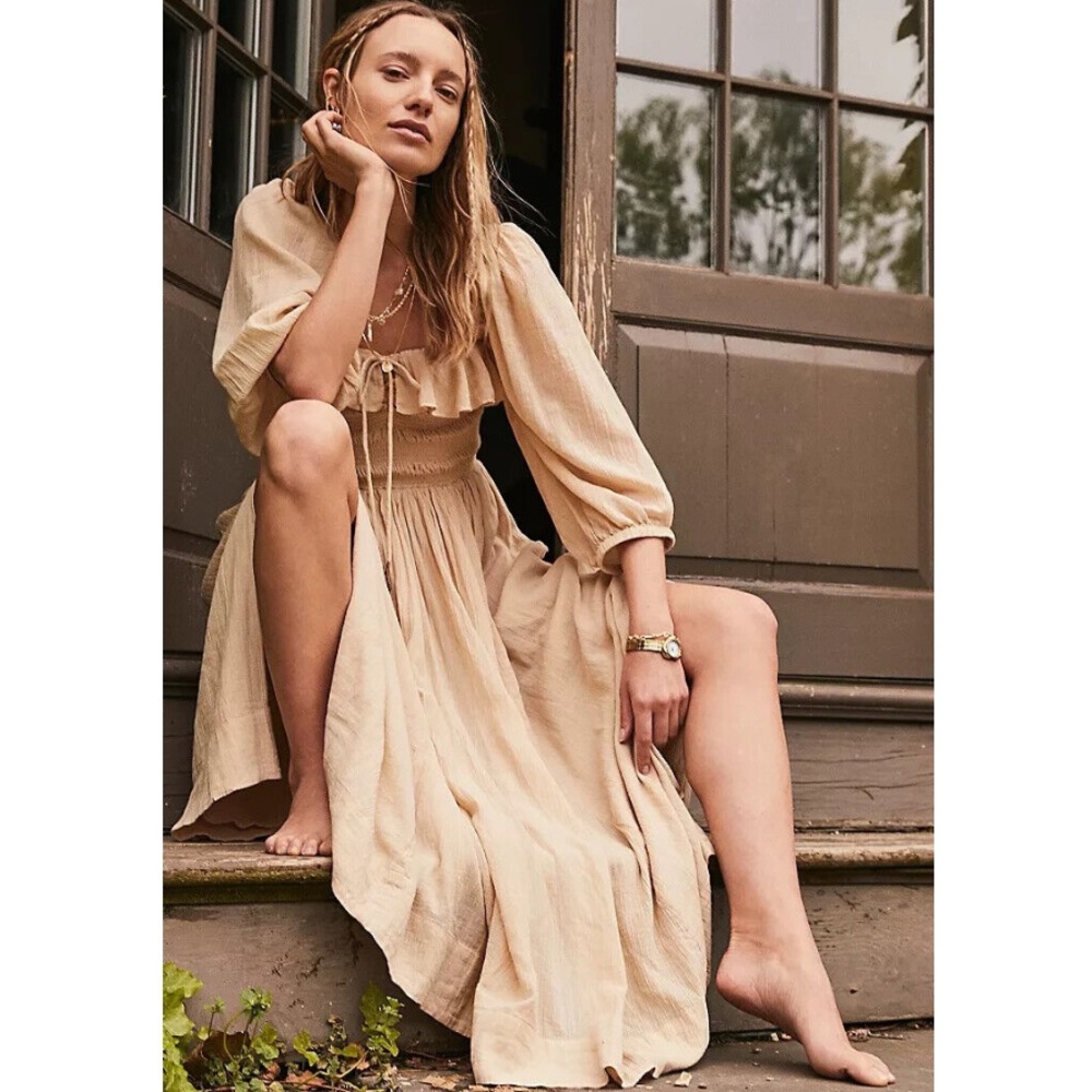 FREE PEOPLE Oasis Cotton Midi Dress Tan XS